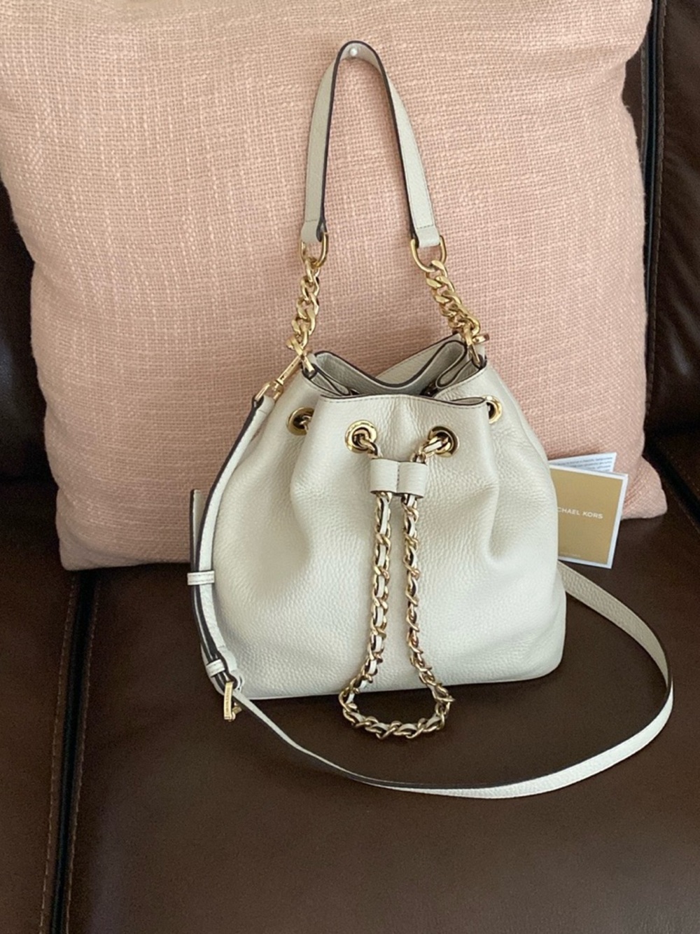 Michael Kors Leather Chain-Trim Bucket Bag.